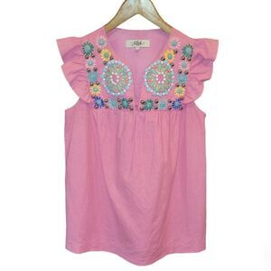 Tibi Flutter Sleeve Beaded Embroidered Linen Cotton Mexican Style Top Pink 4